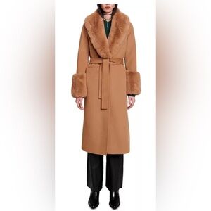 Maje Faux Fur Wool Blend Coat in Camel size 38 / Medium